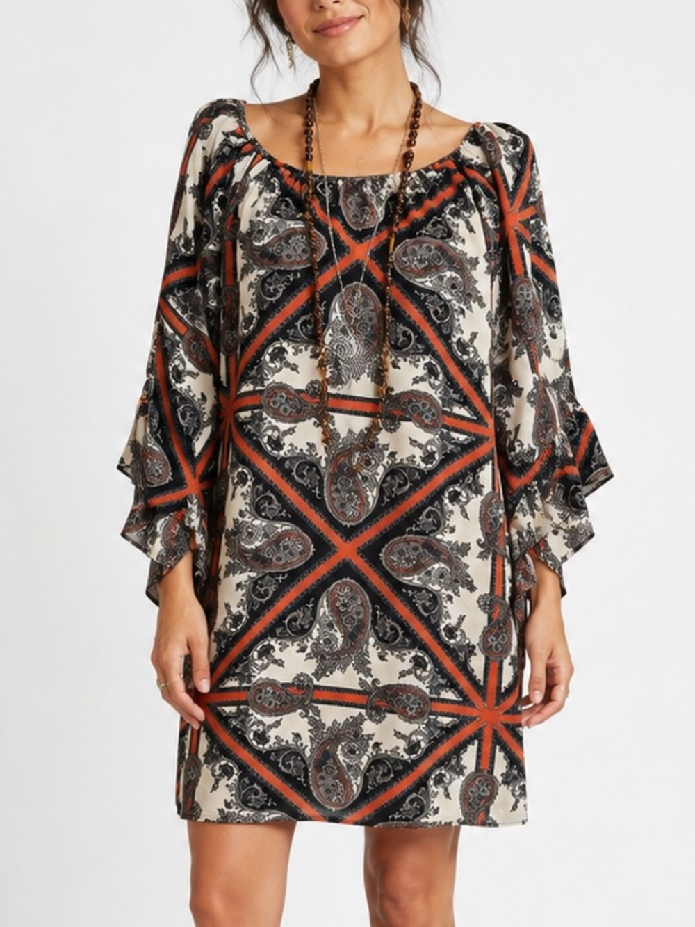 Voom by Joy Han Boho Shift Dress Bell Sleeve Paisley Scarf Print Large